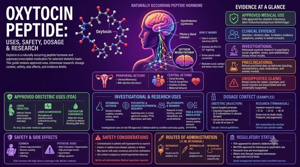 Explore oxytocin peptide research, including potential benefits, effects, uses, safety, side effects, and what current evidence shows.